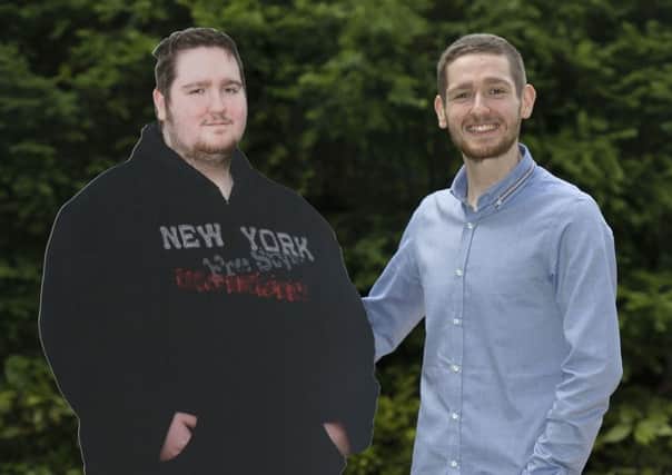 Tom Johnston from Northern Ireland, who is named Slimming World's Young Slimmer of the Year 2016, stands next to a cardboard cut out of himself before he lost 14st 5lbs, at the Ritz Hotel in London