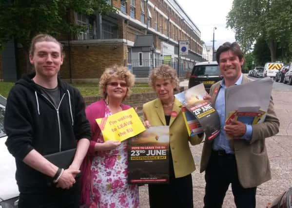 Aileen Quinton (centre left) and Kate Hoey MP (centre right) in London with other Leave campaigners on the eve of the EU referendum