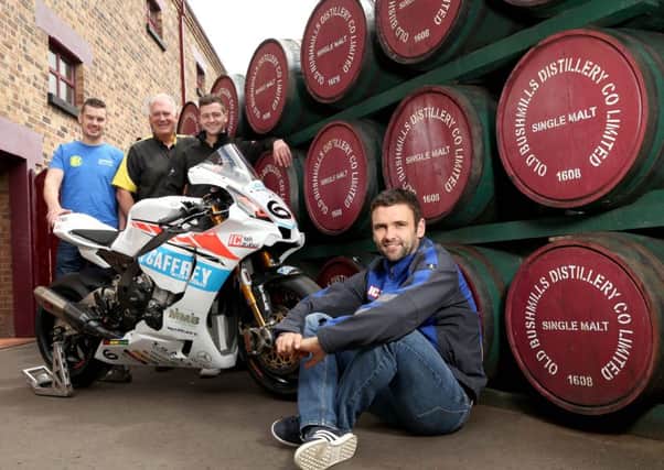 William Dunlop, Neil Kernohan and Adam McLean join Armoy Clerk of the Course Bill Kennedy at the launch of the 2016 'Race of Legends' at the Bushmills Distillery.