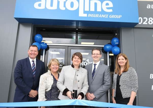 Â©Press Eye - Belfast - Northern Ireland - 23rd May 2016 
OFFICIAL OPENING OF THE AUTOLINE ENNISKILLEN OFFICE BY THE FIRST MINISTER at 8 New Street, Enniskillen
(LtoR) Michael Blaney Managing Director, Caroline Currie Sales Director, First Minister Arlene Foster, Richard Henderson Head of Agricultural and Enniskillen Branch Manager and Julie Gibbons Operations Directors.
Picture by Andrew Paton/Press Eye.com