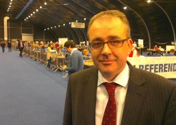 Lee Reynolds, DUP councillor and Leave campaigner, at the EU referendum count at Titanic Centre in Belfast