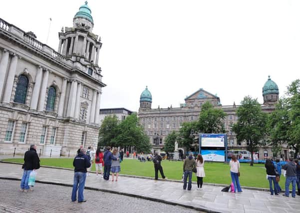 Brexit news coverage was shown on the big screen at Belfast City Hall