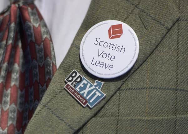 A Scottish Vote Leave and Brexit badge worn by a campaigner