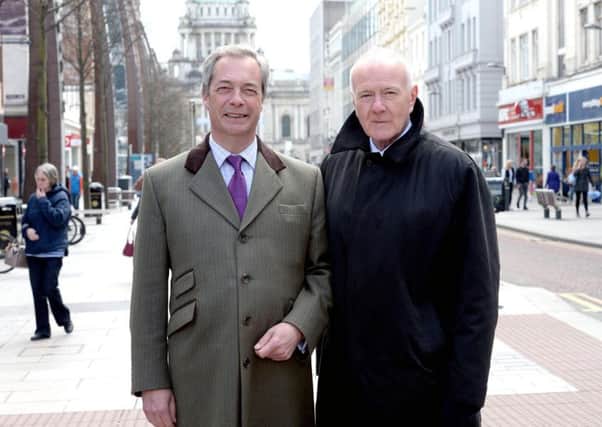 Ukip leader Nigel Farage in Belfast campaigning for Brexit with David McNarry