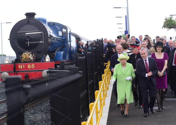 The Queen and Duke of Edinburgh at Coleraine rail station for their north coast steam train to Bellarena