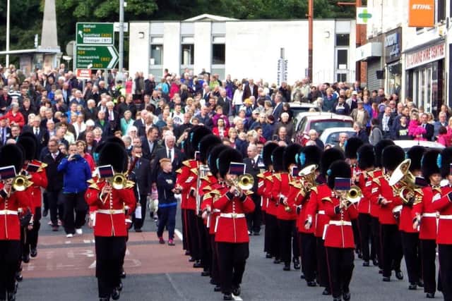 The band of the Irish Guards led a parade through Ballynahinch before the ceremony
