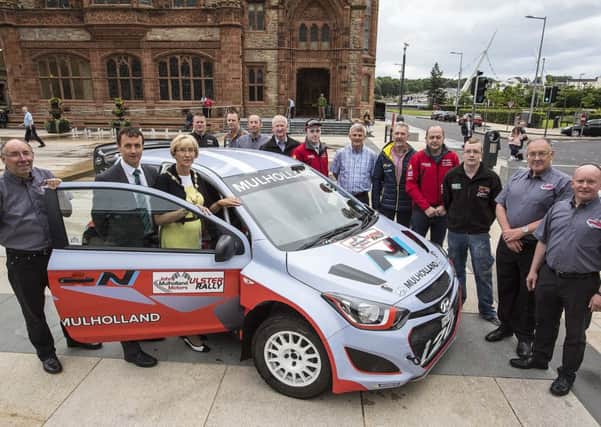 The Mayor of Derry and Strabane District Council, Alderman Hilary McClintock, at the launch of the John Mulholland Ulster Rally 2016. Included are Gary Milligan, Clerk of the Course, John Mulholland, sponsor, and local club members & competitors.