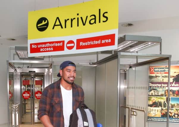 Ulster Rugby's big new signing Charles Piutau 
arrives at the George Best Belfast City Airport just in time for pre-season training.
 Photo credit: John Dickson