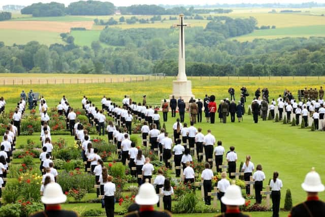A view of the wreath laying ceremony during the Commemoration of the Centenary of the Battle of the Somme at the Commonwealth War Graves Commission, Thiepval.