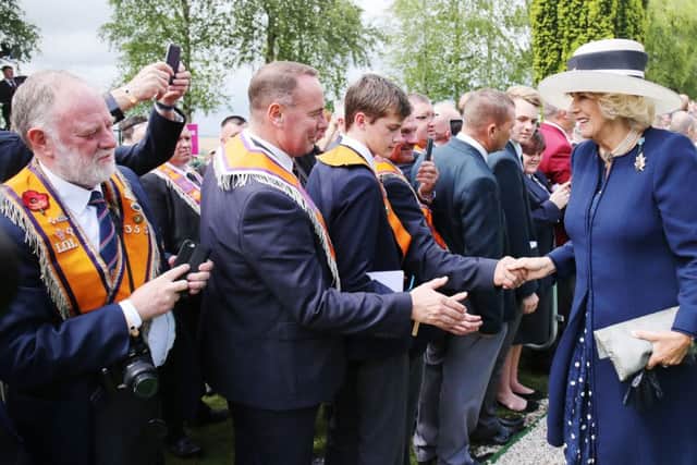 The Duchess of Cornwall greets Orangemen at the Ulster Memorial. Tower in Thiepval, France Photo: Niall Carson/PA Wire