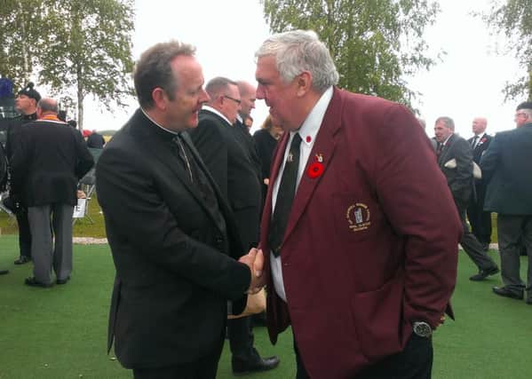Archbishop Eamon Martin meets Ernie Black at the Ulster Memorial Tower, Thiepval, on the 100th anniversary of the start of the Battle of the Somme. By Ben Lowry