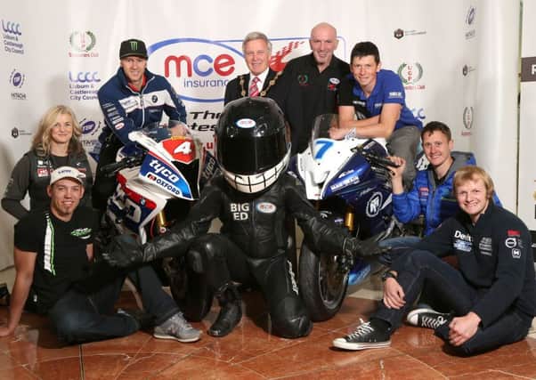 Road racers Maria Costello, Ian Hutchinson, Dan Kneen, Dean Harrison, Peter Hickman and Ivan Lintin were joined by Mayor of Lisburn and Castlereagh City Council, Cllr Brian Bloomfield, Clerk of the Course, Noel Johnston and Big Ed from title sponsors, MCE Insurance at the official launch of the event in Lisburn.