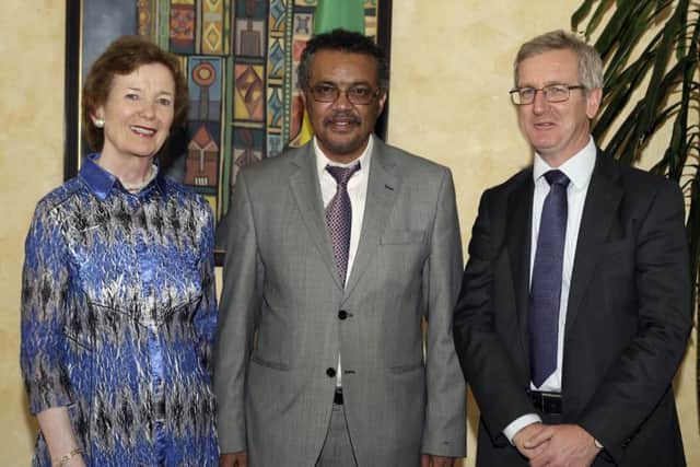 UN special envoy for El Nino and climate change Mary Robinson meeting Ethiopian Foreign Minister Tedros A Ghebreyesus (centre) and Irish ambassador to Ethiopia Aidan O'Hara during her visit to Addis Ababa, Ethiopia