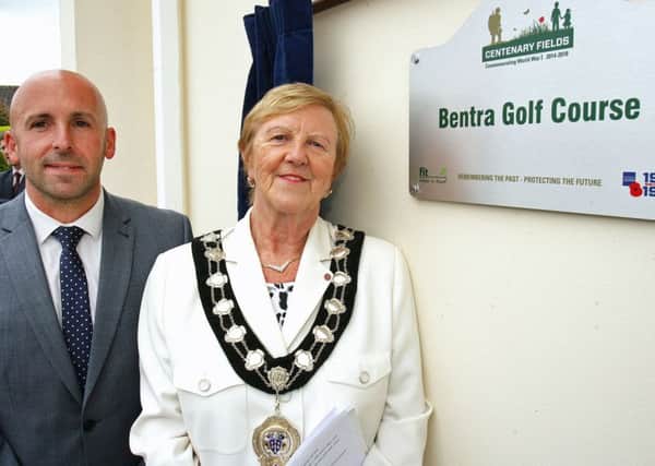 Mayor Audrey Wales with Fields in Trust development manager Terry Housden at Bentra golf course