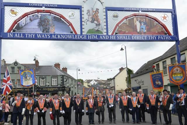 Twelfth Demonstration in Dromore Co Down : Lower Iveagh District Officers pass under the new arch in Dromore  Â©Paul Byrne Photography