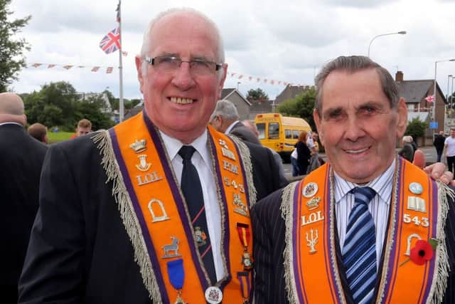 Dessie Crawford and Leslie Hazlett of LOL 543 Cromkill at the start of the Twelfth parade in Ballymena. INBT29-201AM