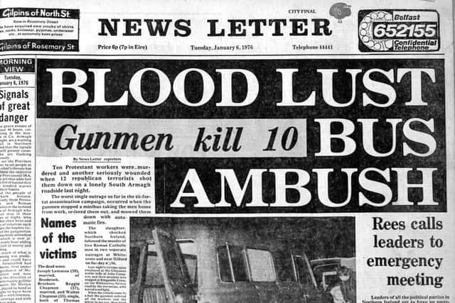 Front Page of The News Letter, Tuesday Januray 6, 1976. 
The bullet riddled minibus in which the murdered workers were travelling stands at the side of the lonely country road where the massacre occurred outside Whitecross.