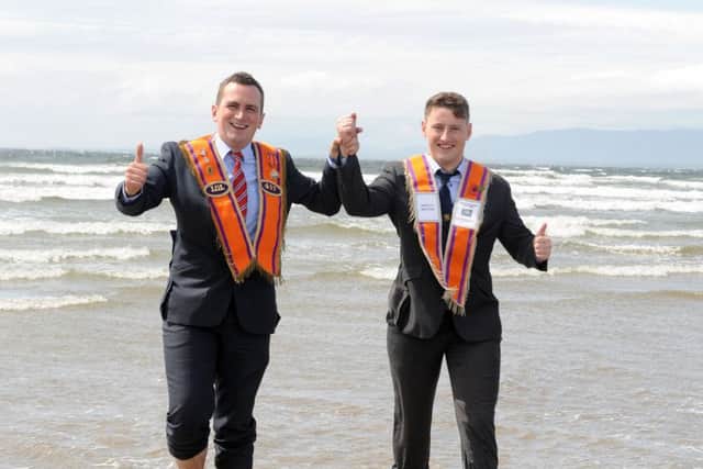 Bros Stephen Dunne (Ballykeel Defenders LOL 417) and Andrew Murray (Crozier Memorial LOL 1362) pictured making a splash at the Rossnowlagh Twelfth.