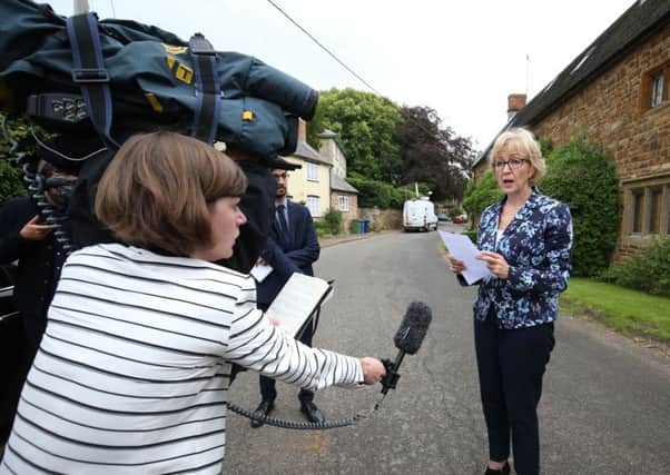 Tory leadership contender Andrea Leadsom, issues a statement outside her home in Northamptonshire, after a newspaper suggested she was using her status as a mother to gain an advantage over Theresa May.