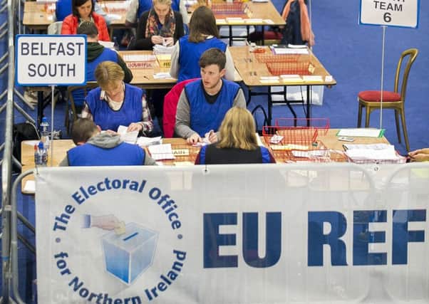 EU referendum ballot papers being counted at the Belfast count centre