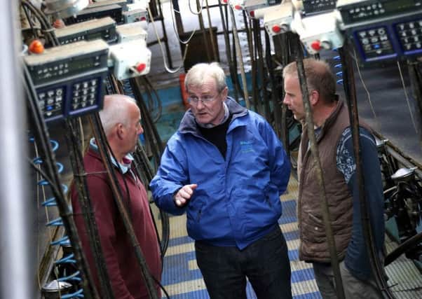 Robert Craig, Gabriel DArcy and Tom Craig pictured during the LacPatrick CEOs visit to the Craigs farm in Limavady.