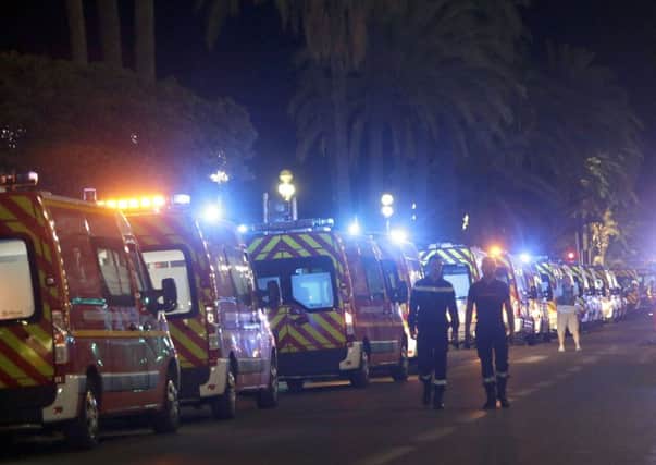 Ambulances line up near the scene of the Nice attack (AP)