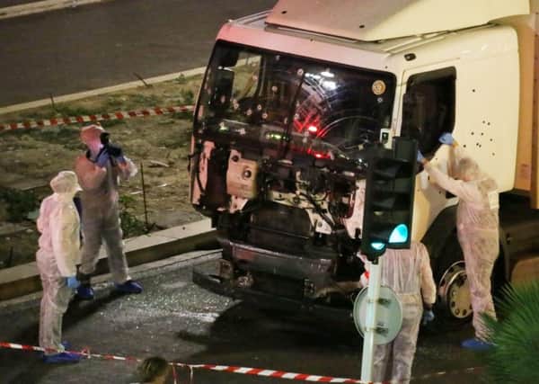 The truck that was used in the Nice massacre on Thursday night (Sasha Goldsmith via AP)