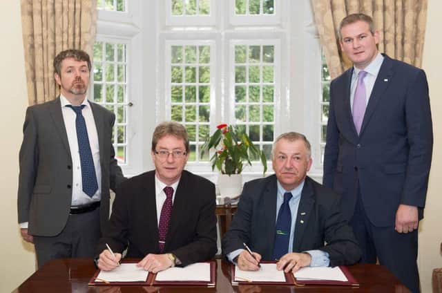 Pictured at the signing of the agreement were (l-r): Professor Charles Spillane Plant, Head of the Plant and AgriBiosciences Research Centre (PABC) in NUI Galway; President of NUI Galway Dr Jim Browne; Director of Teagasc Professor Gerry Boyle; and Minister Sean Kyne, TD Minister of State for Gaeltacht Affairs and Natural Resources representing the Minister for Communications, Climate Change and Natural Resources. Picture: Andrew Downes