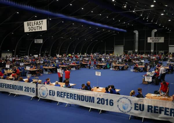 The referendum count at the Titanic Count Centre in Belfast.
Photograph by Declan Roughan