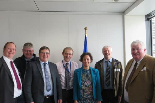 Pictured during a recent meeting in Brussels are Richard Jones and
John Martin, from Holstein UK; Gary McHenry, Fair Price Farming Northern Ireland; Tom Tynan and Stephanie Maeder, from DG Agri; Andrew Dutton Holstein UK and Charlie Weir, Fair Price Farming Northern Ireland