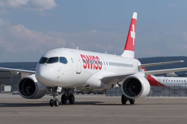 Liveried in SWISS colours, the first CSeries commercial jet has made its inaugural flight from Zurich to Paris