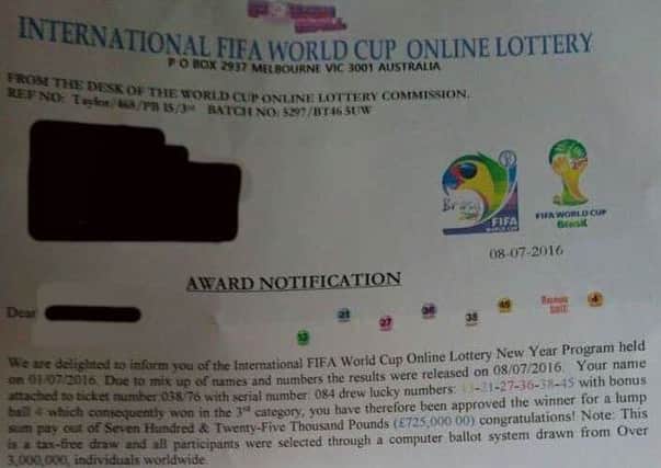 The lottery scam letter that has been sent to addresses in south Londonderry