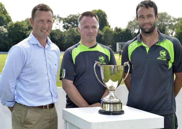 Ex-Ireland Internationals Andrew White (left) and Nigel Jones joined Simon Dyke from Cricket Ireland to make the draw for the semi-finals of the Irish Senior Cup.