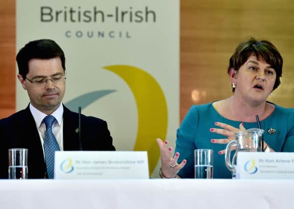 Northern Ireland Secretary James Brokenshire and First Minister Arlene Foster during a press conference at an emergency meeting of the British Irish Council in Cardiff