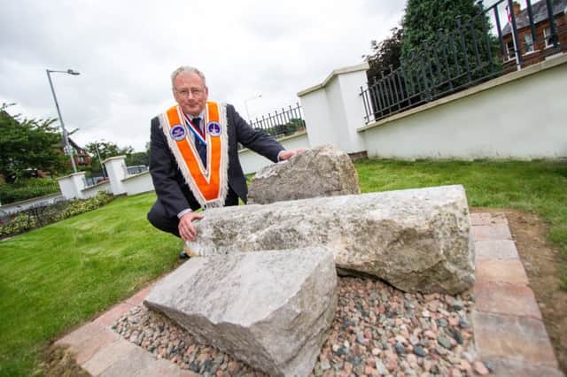 IMG_1340 - Past Worshipful Master of Boyne Obelisk LOL 1690, Gordon McKinley, with the Boyne obelisk stones which are now on permanent display at the Museum of Orange Heritage in Belfast. Photo by Graham Curry