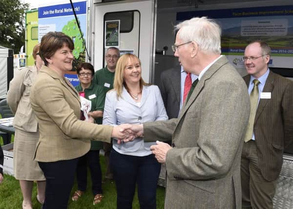 First Minister Arlene Foster and Agriculture, Environment and Rural Affairs Minister Michelle McIlveen greet HRH The Duke of Gloucester during a visit to the Clogher Valley Show in Co Tyrone.   Picture: Michael Cooper