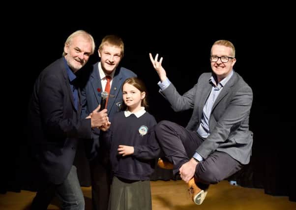 Anna Caskey(l) and Michael Small (r) with comedian Tim McGarry and Mentalist David Meade