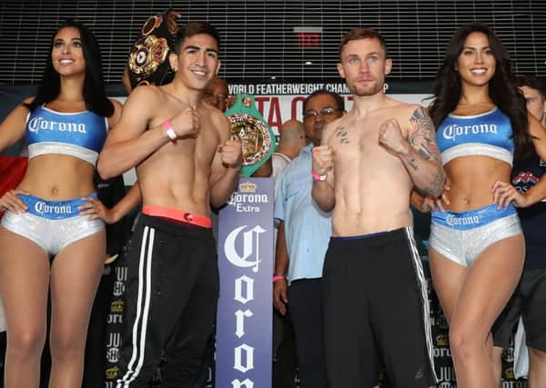 Reigning champion Leo Santa Cruz and challenger Carl Frampton pictured after Friday's weigh-in