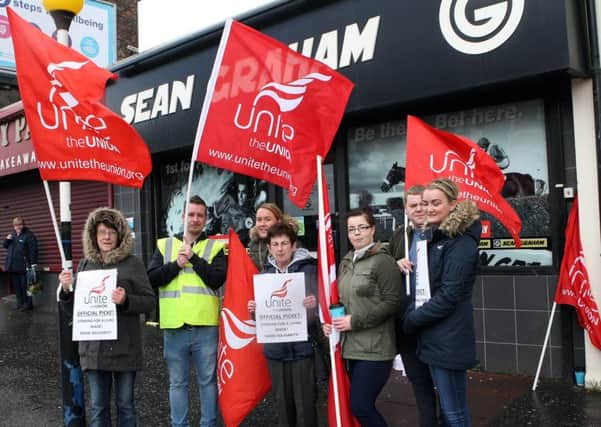 Unite members on strike at Sean Graham's Crumlin Road Branch, April 4, 2016.