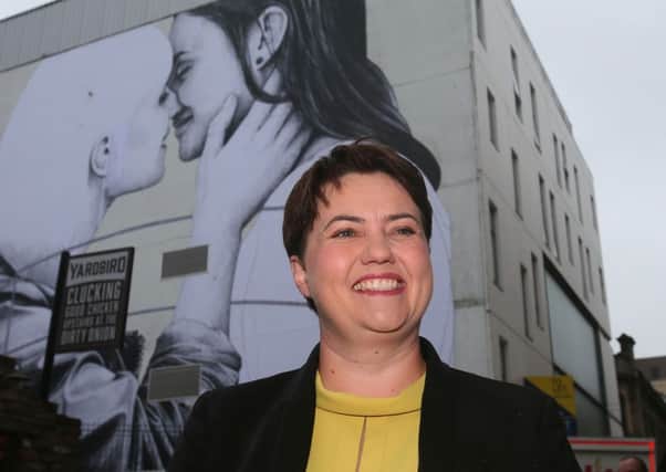 Ruth Davidson at the new Belfast mural depicting a married lesbian couple