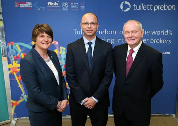 Arlene Foster and Martin McGuinness announce 300 new Tullett Prebon jobs for Belfast with group CIO Luke Barnett at Invest NI headquarters. 

Photo by Kelvin Boyes/Press Eye