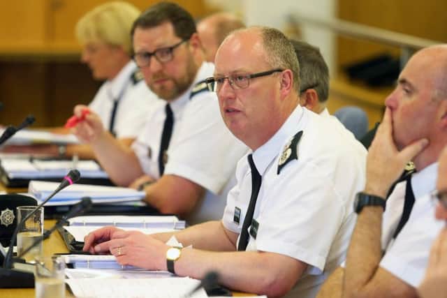 PSNI Chief Constable George Hamilton at the Policing Board meeting where he apologised for the offence and hurt caused