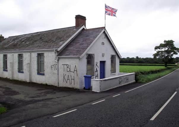 Picture of Dungonnell Orange Hall, outside Antrim town, taken 03-08-16 by ex-Antrim councillor Brian Graham, DUP, 07719 990104. Said we could use free of charge. Attack believed to have happened previous day. Added to system by AK 03-08-16