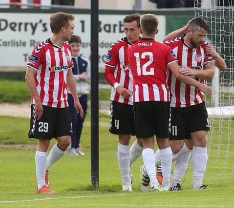 Derry's Rory Patterson celebrates his goal in the first half.

Photo by: Lorcan Doherty/ Presseye.com