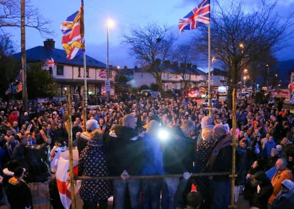 Picture - Kevin Scott / Presseye

Belfast , UK - April 07, Pictured is the 1000th day parade held at Twaddell in North Belfast on April 07, 2016  Belfast, Northern Ireland ( Photo by Kevin Scott / Presseye )