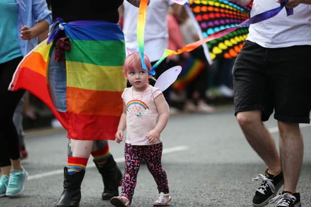 Willow Nocher aged 2,  takes part in Belfast's annual Pride parade