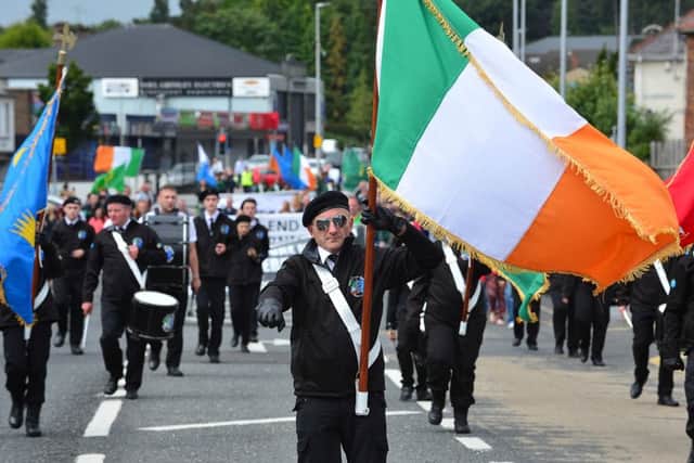 Hundreds of anti-internment protestors are taking part in parade in west Belfast