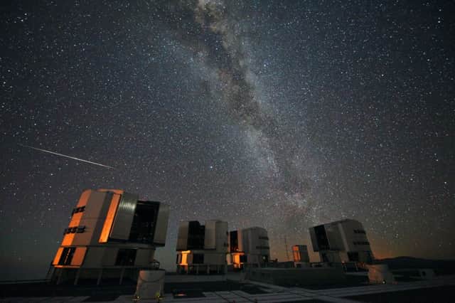 Handout photo issued by the European Space Agency of a Perseid seen in August 2010 above the European Southern Observatory's Very Large Telescope at Paranal, Chile. PRESS ASSOCIATION  S. Guisard/ESO/PA Wire