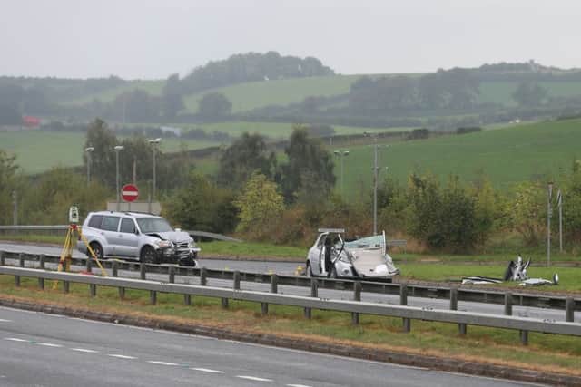 The wreckage of a car in which two nuns were travelling that was involved in a crash in 2014 at a gap junction on a section of the A1 that was completed in 2006. The elderly nuns, Sister Frances Forde and Sister Marie Duddy, became among the many people killed at such junctions. Photo: Niall Carson/PA Wire