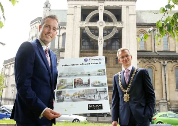 Communities Minister, Paul Givan MLA and Belfast Lord Mayor, Alderman Brian Kingston pictured at the launch of Phase 3 of the Belfast Streets Ahead programme, which aims to improve the streetscape from Castle Place to the new Ulster University campus on York Street. 

Press Eye - Belfast - Northern Ireland - Photo by Kelvin Boyes / Press Eye